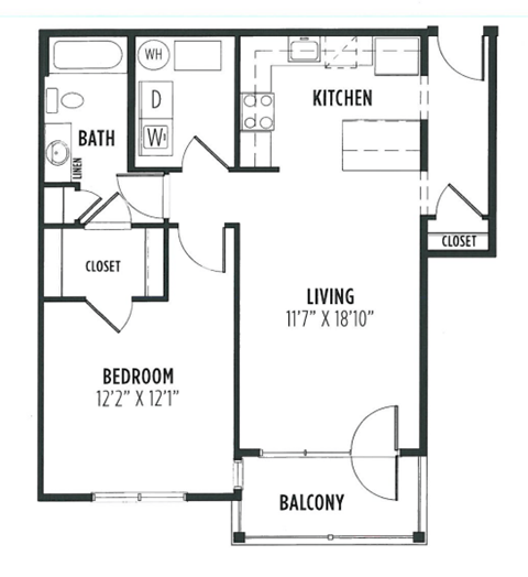 Floor plan for 1 bed, 1 bath, 902 sqft